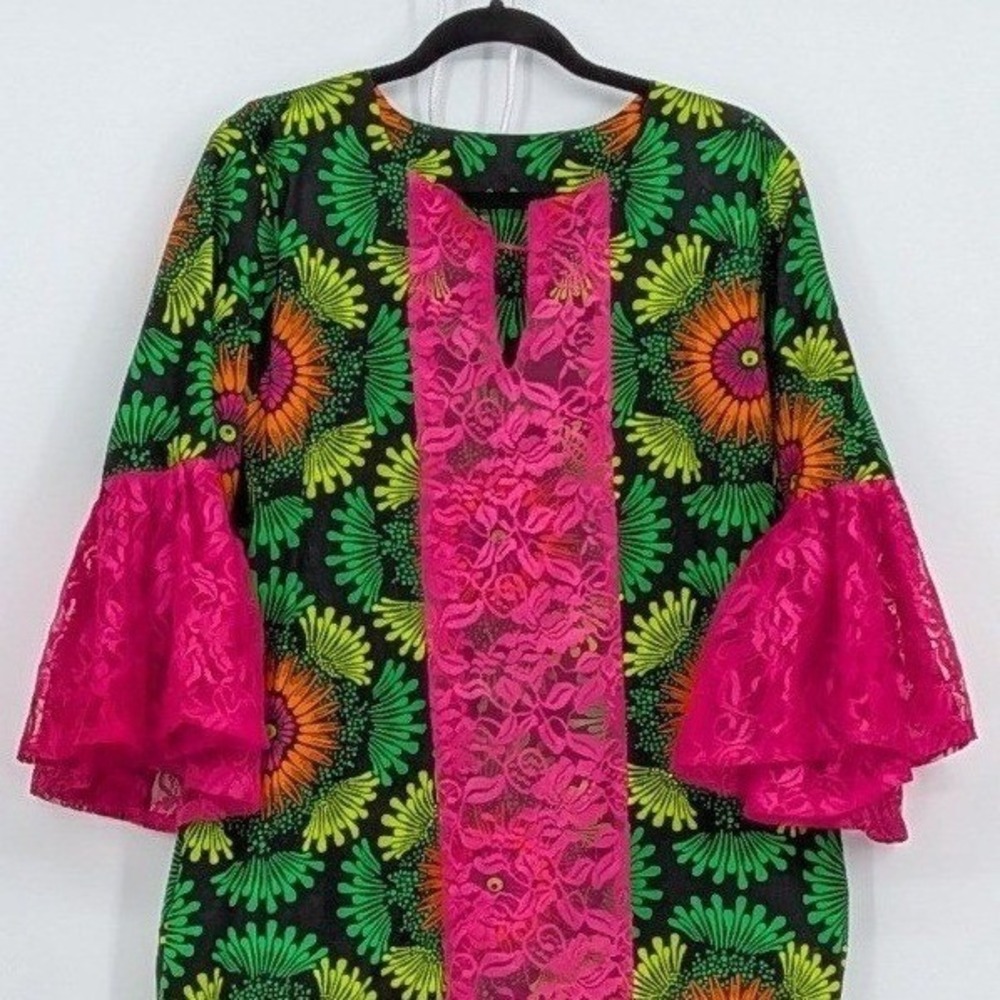 Homemade Large African Wax Print Maxi Pink Lace Bell Sleeve Floral Maxi Dress